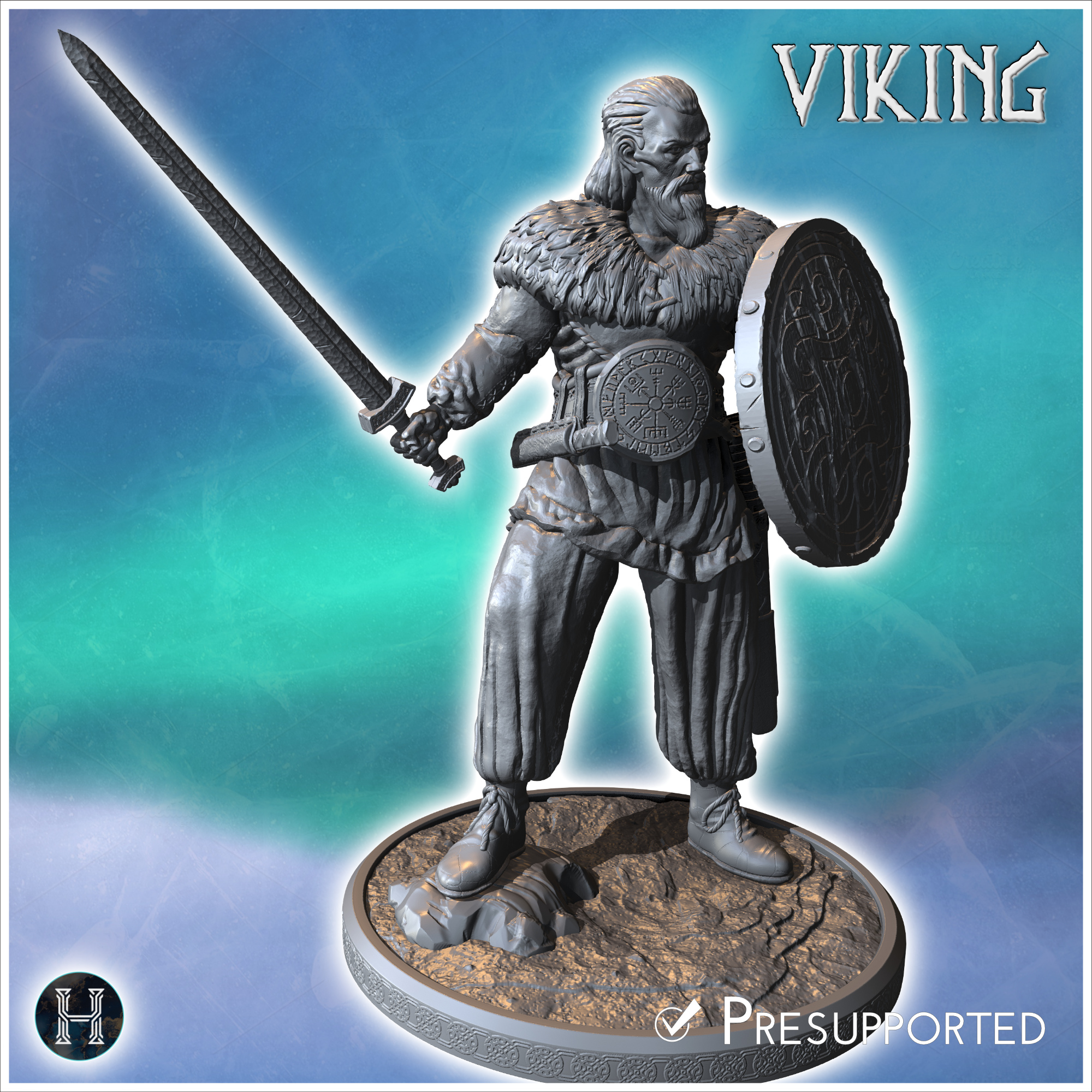 Bearded viking warrior standing with a decorated shield and sword on a rocky base (33) - North Northern Norse Nordic Saga 28mm 15mm Medieval Dark Age